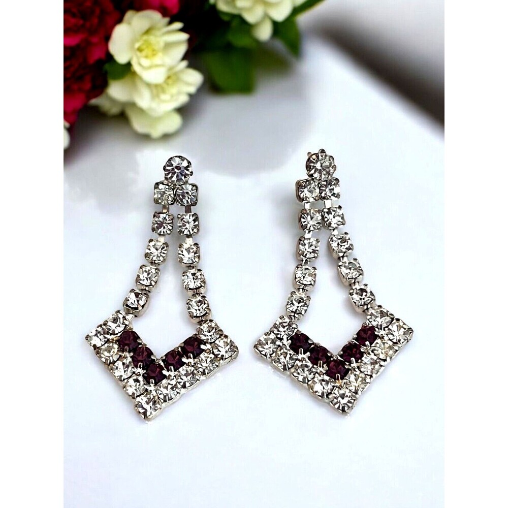Vintage 1980s Rhinestone Dangle Earrings Crystal Silver Tone - 8O